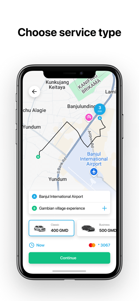 Gamride Pro: Gambia Taxi - Pantalla de la aplicación móvil Gamride Pro para elegir tipos de servicios de taxi en Gambia, comenzando desde el Aeropuerto Internacional de Banjul.