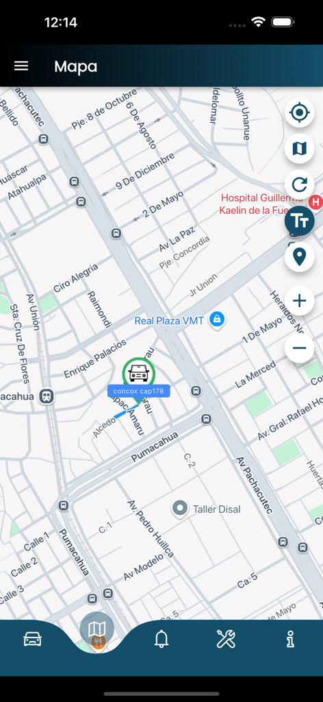 Interface of Delta track pro app displaying a vehicle's real-time position on a city map.