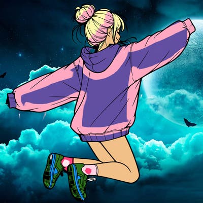 realistic girl jumping with a bun and oversized sweatshirt