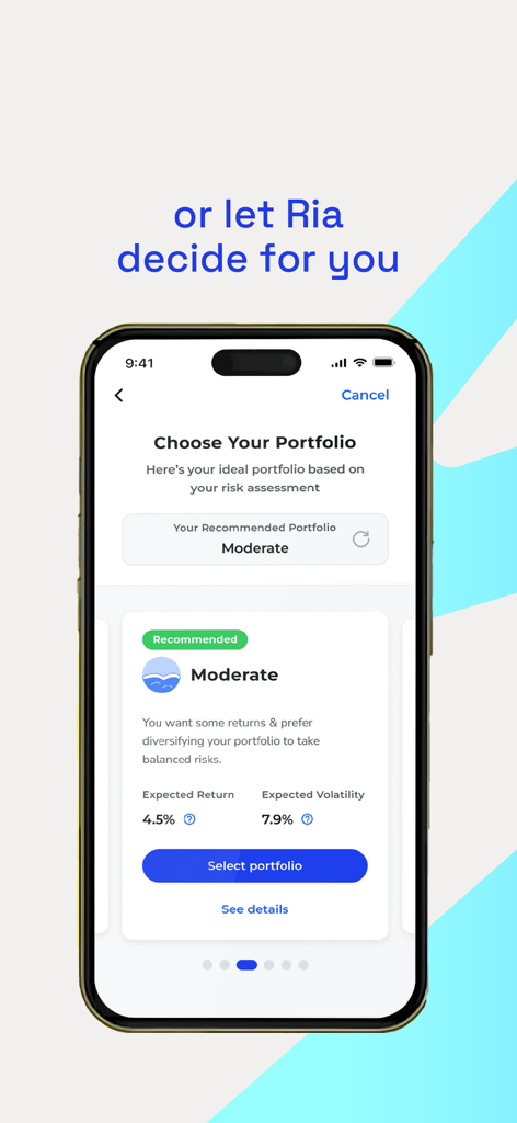 Écran de l'application myASNB affichant un portefeuille d'investissement modéré recommandé avec des données sur le rendement attendu et la volatilité.