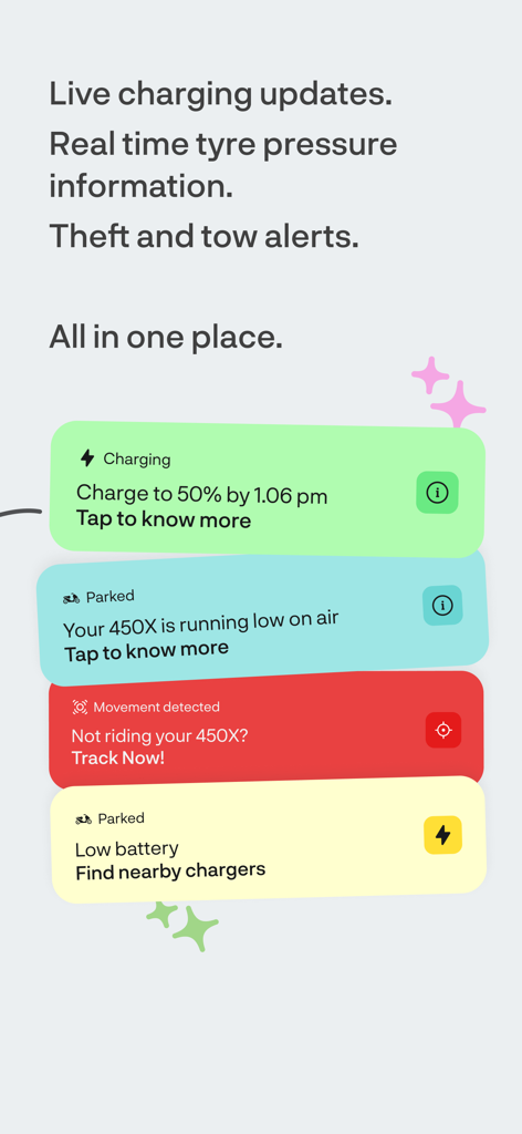 Écran de l'application Ather montrant des notifications intelligentes pour le statut de charge, la pression des pneus et les alertes de sécurité