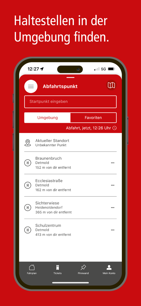 Écran de l'application de transport Lippemobil montrant une recherche d'arrêts de bus à proximité dans la région de la Lippe