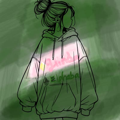realistic girl with a oversized sweatshirt on and a bun