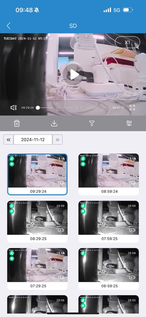 MIPC mobile app screen showing a list of recorded security camera footage with motion detection alerts