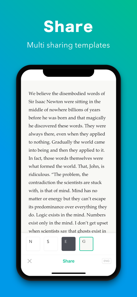The Shelfie app interface showing a book quote with multiple sharing template options on a smartphone screen.