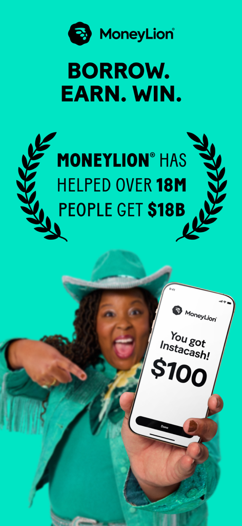 MoneyLion: Banking & Cash Back - A woman in a teal outfit celebrating a 100 dollar Instacash advance on the MoneyLion app