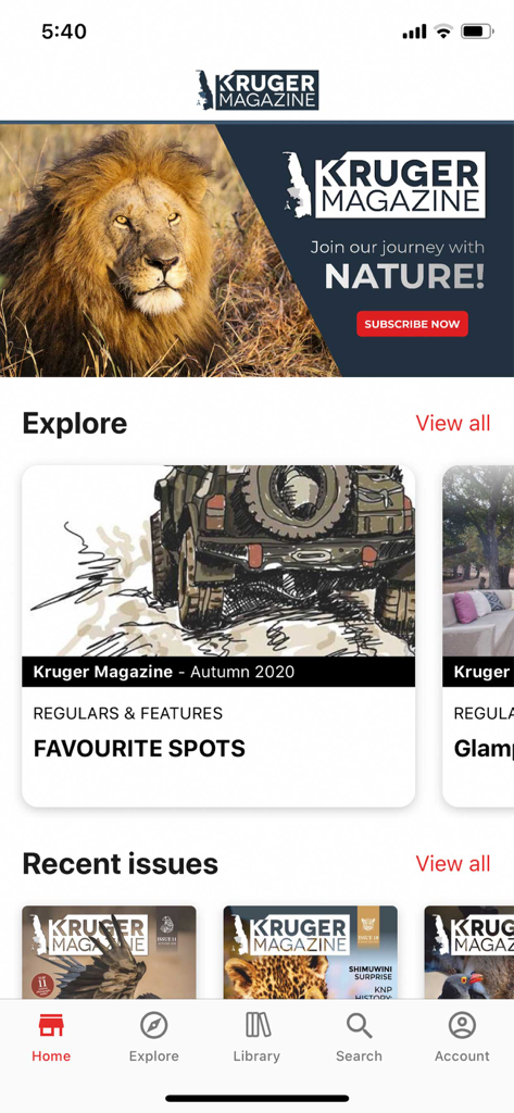 Kruger Magazine - Home screen of the Kruger Magazine app displaying a lion banner and wildlife explore sections