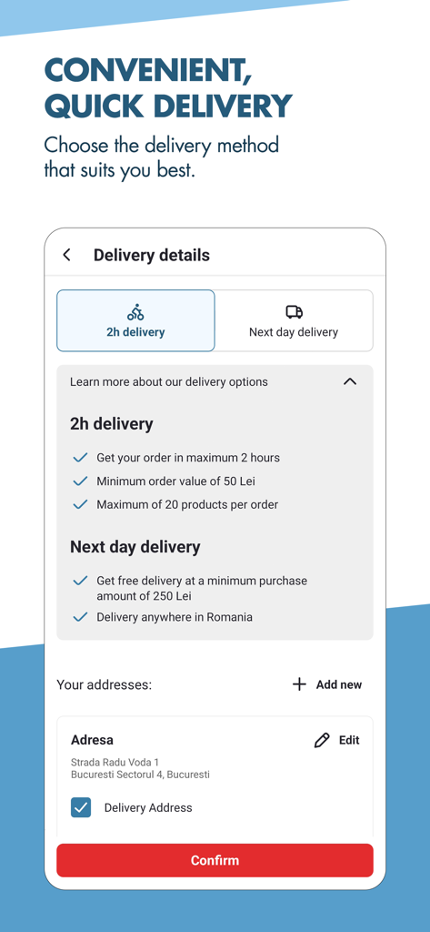Mega Image Online app interface showing delivery method selection between two-hour delivery and next day delivery with address management.