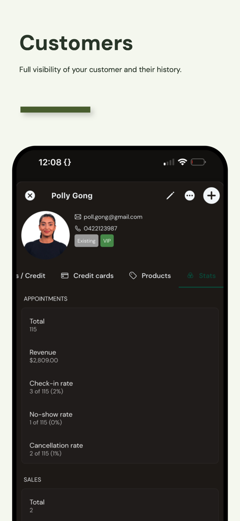 Ovatu - Customer profile view in the Ovatu app showing detailed appointment history and business stats