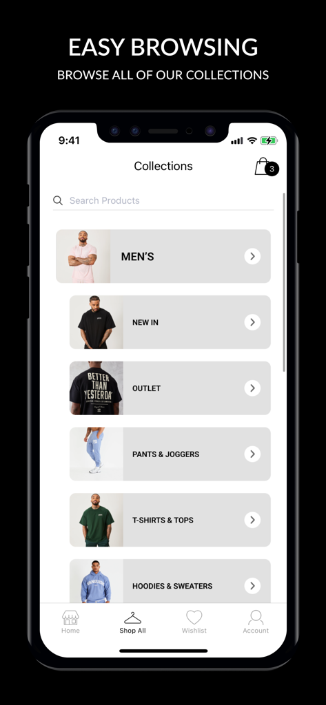 Vanquish Fitness mobile app showing various gym wear categories
