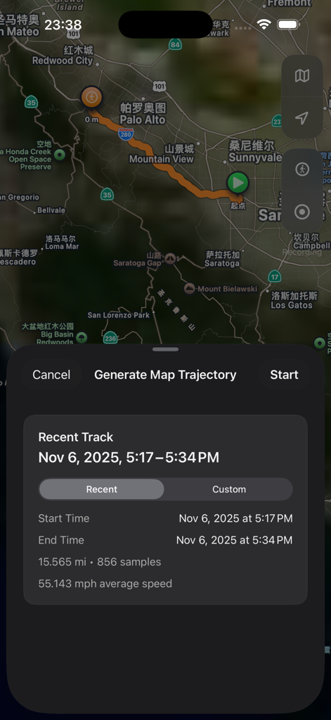 Sensnap - Outdoor Assistant - Interface de mapa do aplicativo Sensnap mostrando uma trilha de GPS gravada com estatísticas de distância e velocidade média