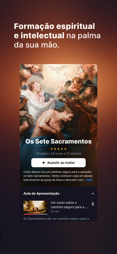 Padre Paulo Ricardo - Captura de pantalla de la aplicación del Padre Paulo Ricardo con un curso católico sobre los Siete Sacramentos y arte religioso.