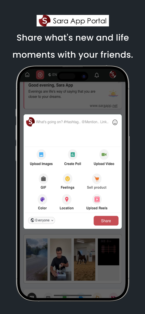 Sara App - Interface do Portal Sara App mostrando opções de compartilhamento social como uploads de imagens e vídeos