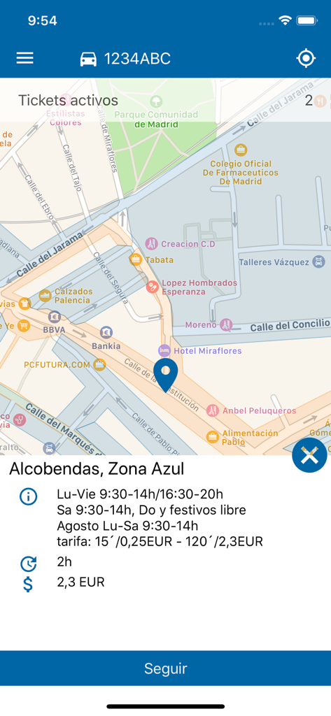 Presto Parking - Pantalla del mapa de la aplicación móvil Presto Parking mostrando detalles y tarifas de zonas de aparcamiento en Alcobendas