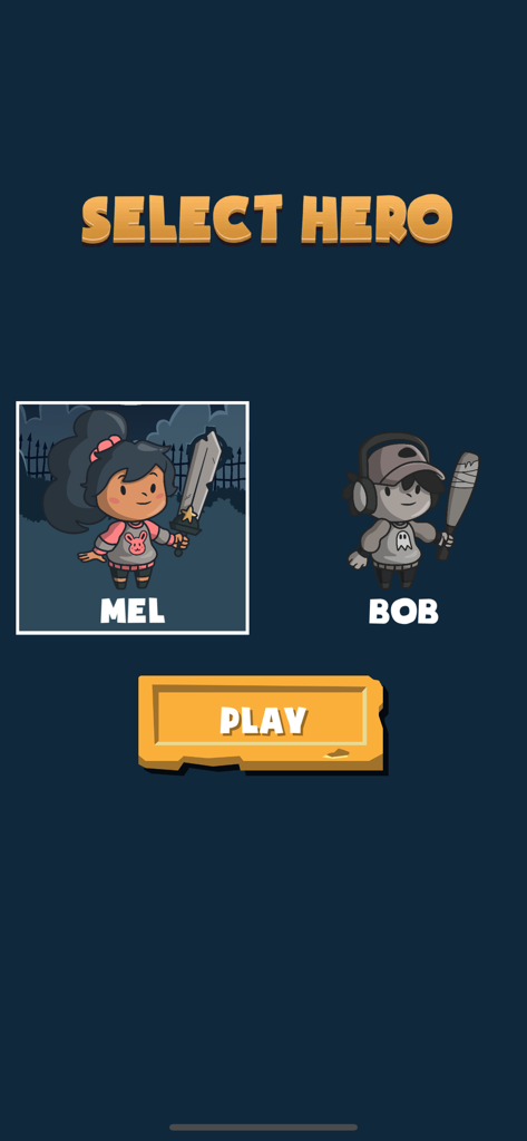 The Math Zombie - Hero selection screen in The Math Zombie game featuring characters Mel and Bob.