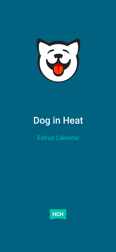 Startbildschirm der Dogr-App mit einem lächelnden Hunde-Icon und dem Text Dog in Heat Estrus Calendar.