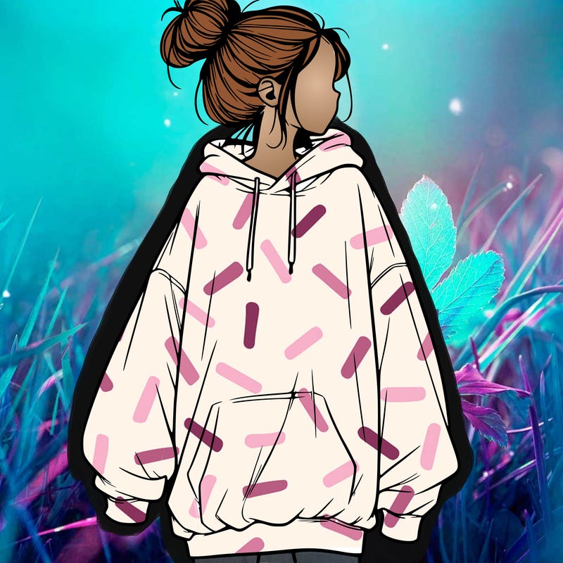 realistic girl with a oversized sweatshirt on and a bun