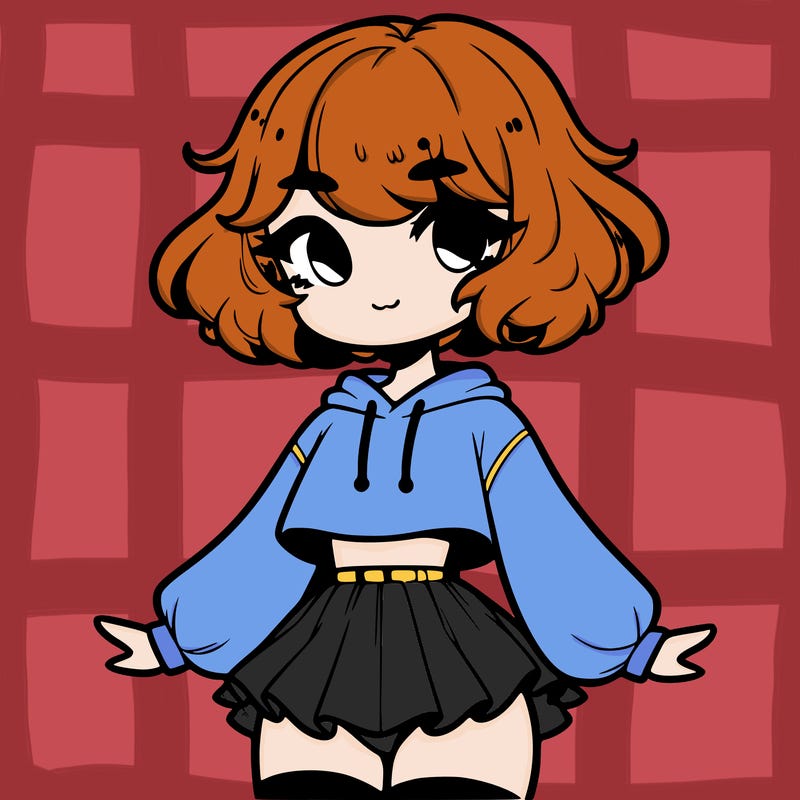 cute femboy with short, fluffy hair that softly frames their face, wearing a cropped hoodie, paired with a flouncy short skirt, and thigh-high stockings