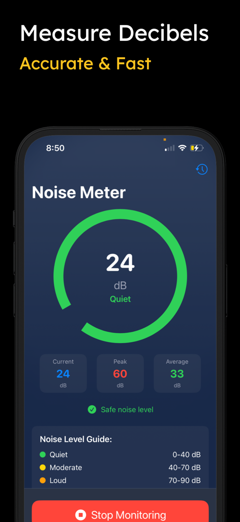 NIOSH Decibel Meter - Pantalla de smartphone mostrando la aplicación NIOSH Decibel Meter con un medidor circular verde que indica un nivel de ruido seguro de 24 decibelios.