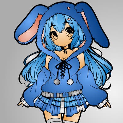 pretty anime girl wearing a fluffy hoodie with bunny ears on the hood and a skirt