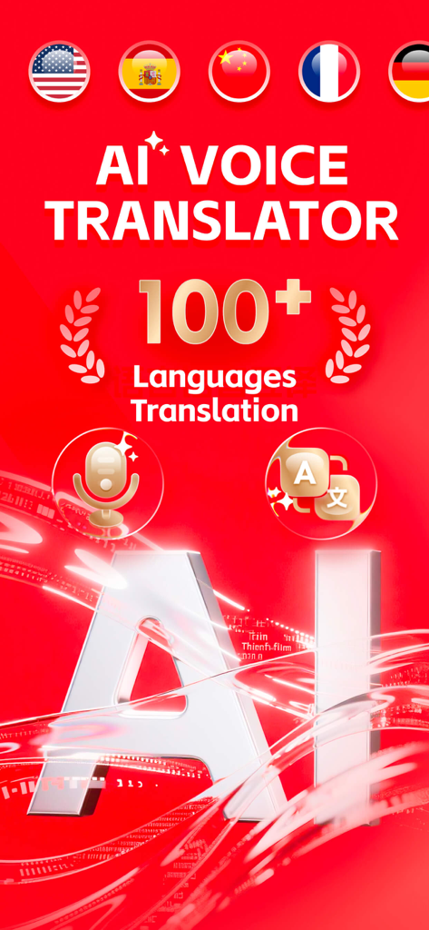 AI Voice Translator app home screen with red background highlighting support for over 100 languages and voice recognition icons