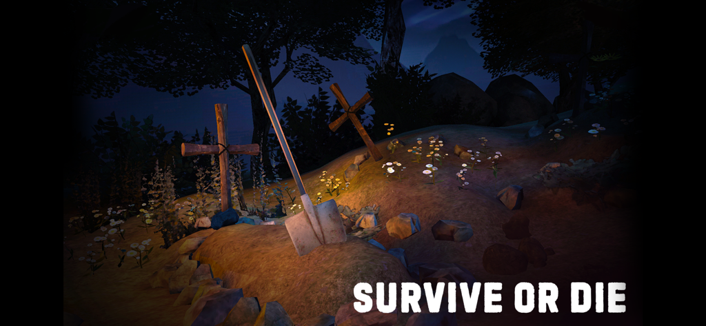 Scary Mansion：Horror Escape 3D - Scary Mansionゲームの夜の不気味な墓地のシーン、木製の十字架とシャベルが表示されている