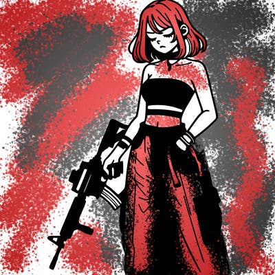 a dangerous girlcrop top and baggy jeans with a rifle in her hand
