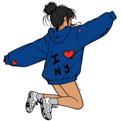 realistic girl jumping with a bun and oversized sweatshirt