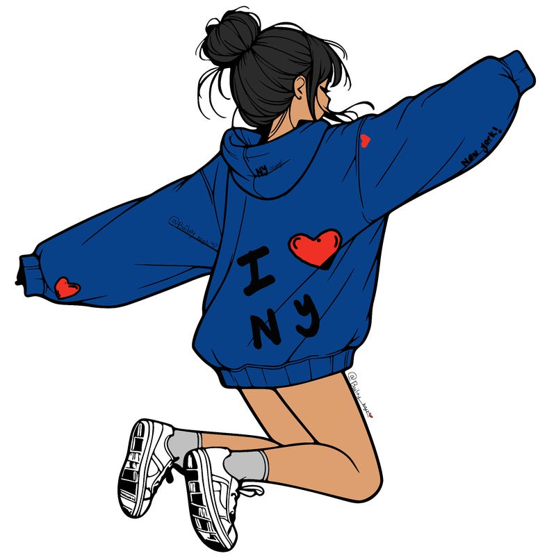 realistic girl jumping with a bun and oversized sweatshirt