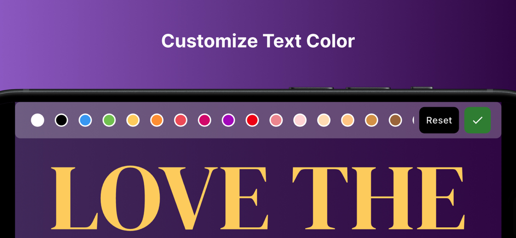 Interface de aplicativo móvel mostrando opções de seleção de cores e texto amarelo grande em um fundo roxo