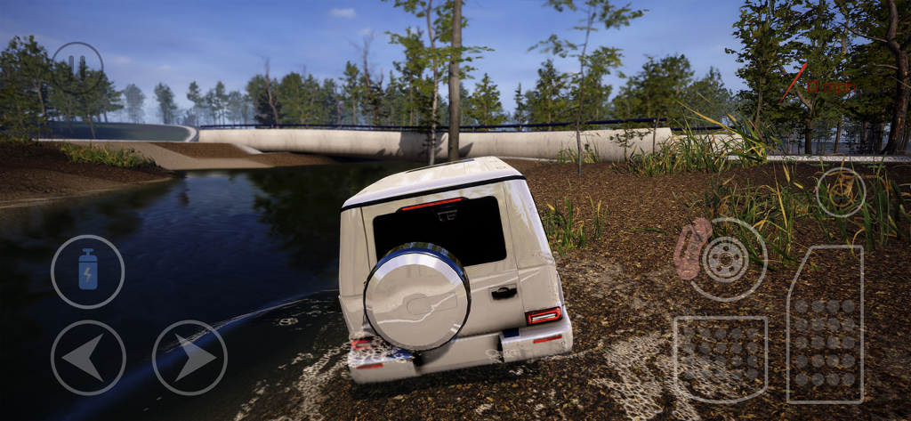 A white SUV driving through muddy terrain near water in the WDAMAGE car crash simulator.