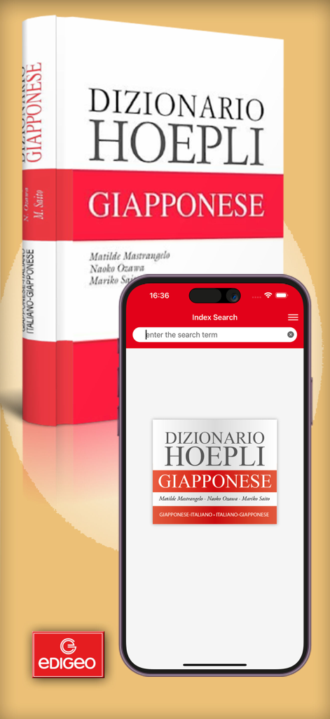 Japanisch-Italienisch-Wörterbuch-App von Hoepli auf einem Smartphone, mit dem physischen Buch im Hintergrund