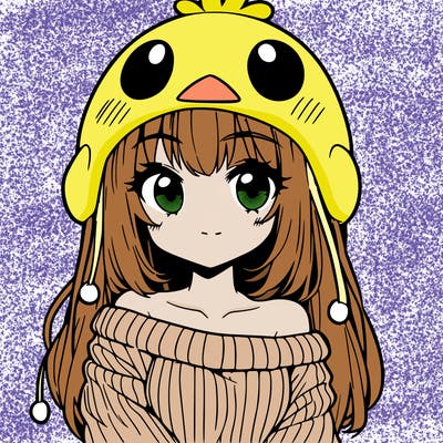 anime girl with chick shaped hat with sweater with bare shoulders with bangs covering them one eye with low tail