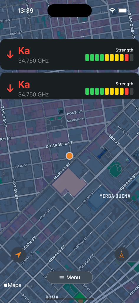 Dukes Appナビゲーションマップに、周波数と信号強度が表示されたリアルタイムKaバンドレーダーアラートを表示