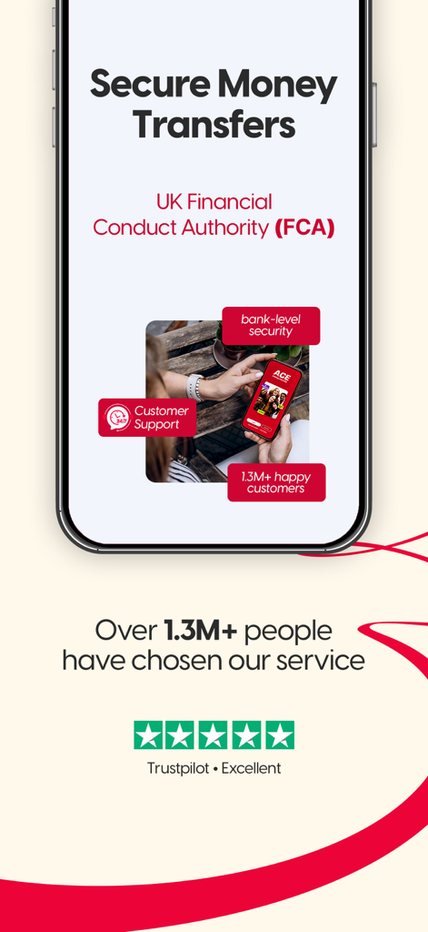 ACE Money Transfer app security features highlighting FCA regulation and Trustpilot ratings