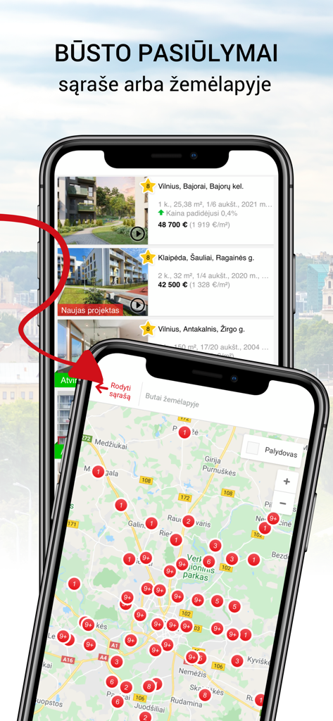 Aruodas.lt real estate application interface displaying property listings in both a list format and a map view.