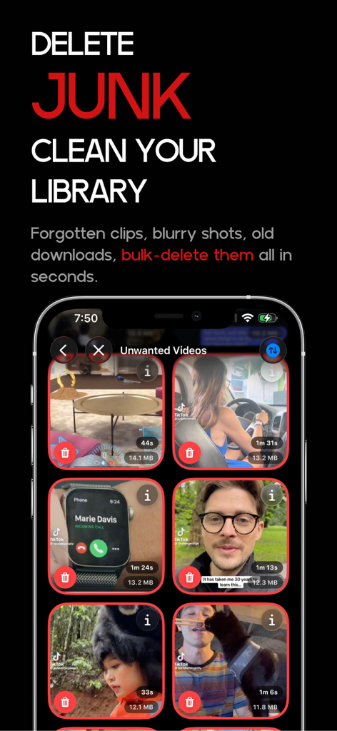 Video Compressor - HEVCut - HEVCut app interface showing the unwanted videos cleanup tool with a grid of video clips.