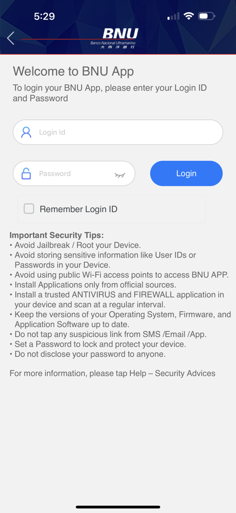 Anmeldebildschirm der BNU Mobile-Banking-App mit Sicherheitstipps und Anmeldefeldern