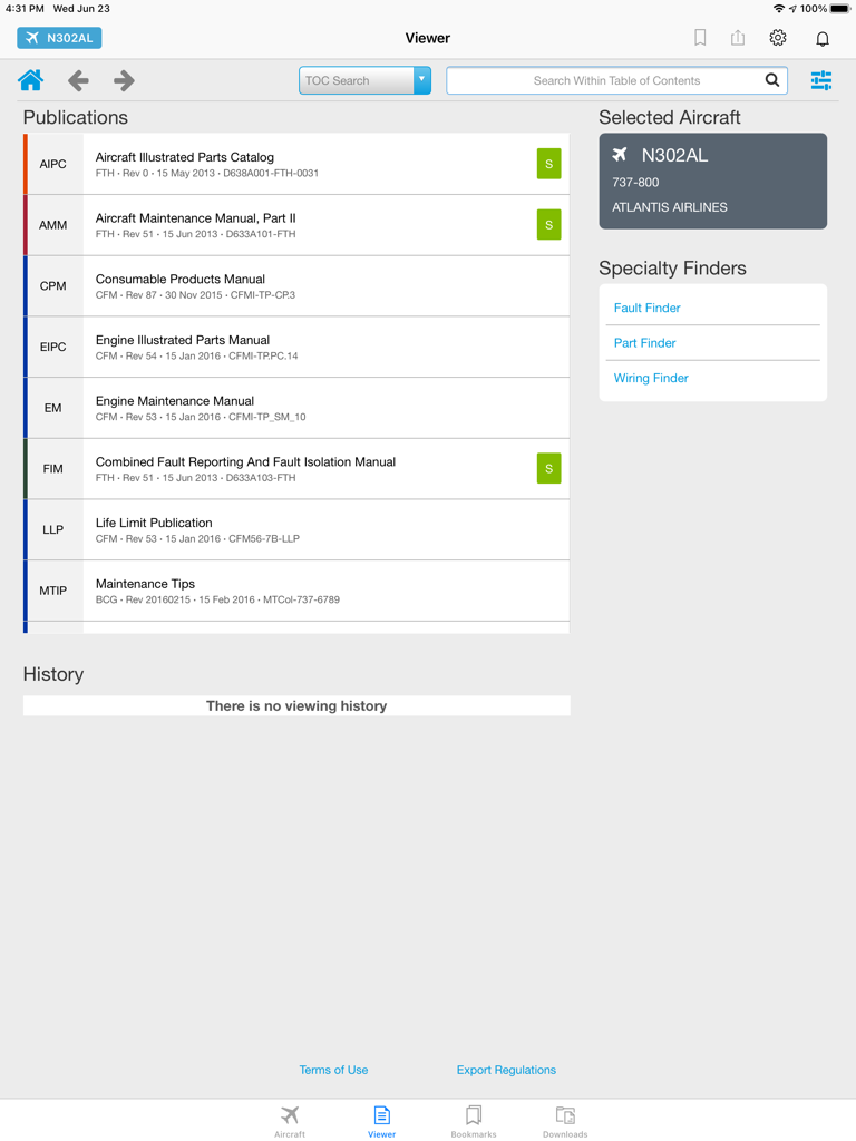 Interfaccia Boeing Toolbox Mobile Library che mostra pubblicazioni di manutenzione aeromobili e localizzatori speciali