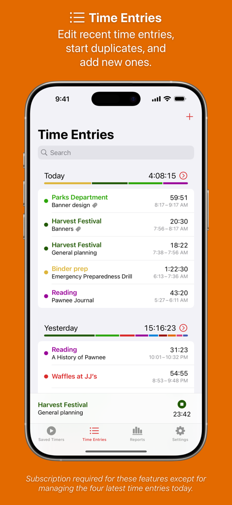 A smartphone displaying the Time Entries screen of the Timery app with a detailed list of tracked activities and projects.