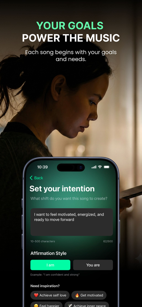 Innertune Music - A user setting a personal goal to generate custom AI affirmation music in the Innertune app.