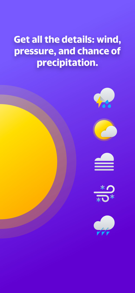 Yahoo Weather - Yahoo Weather app screenshot showing icons for wind pressure and precipitation details