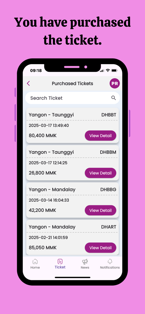 JJ Express Myanmar - JJ Express Myanmar app interface showing a list of purchased bus tickets for routes like Yangon to Mandalay