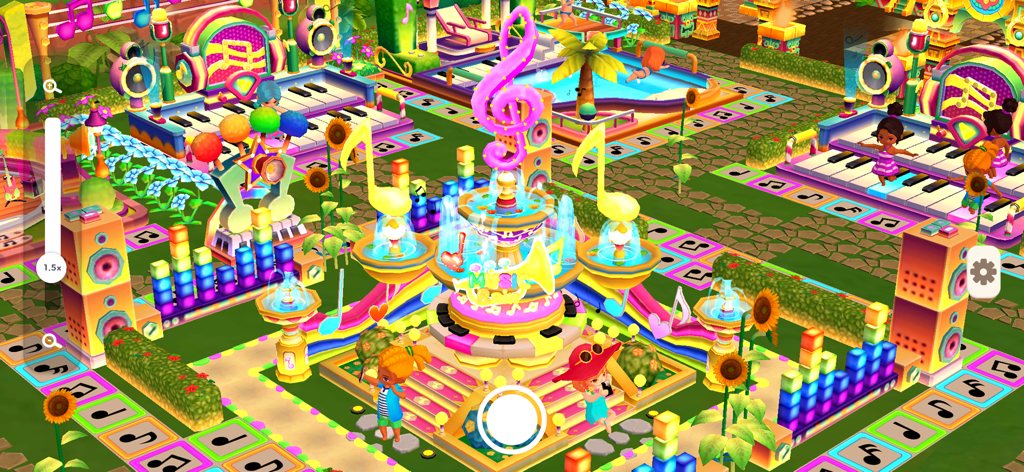 My Little Paradise: Island Sim - Una vibrante área de resort con temática musical en My Little Paradise con baldosas de piano y decoraciones de notas musicales
