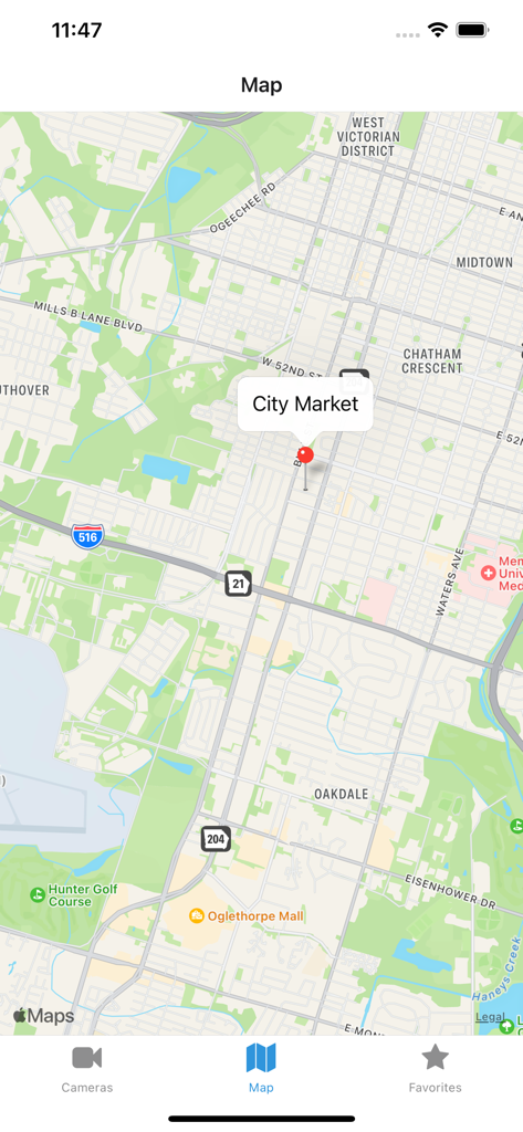 Savannah Cams - Live Views - Map view of Savannah Georgia showing a live camera pin at City Market