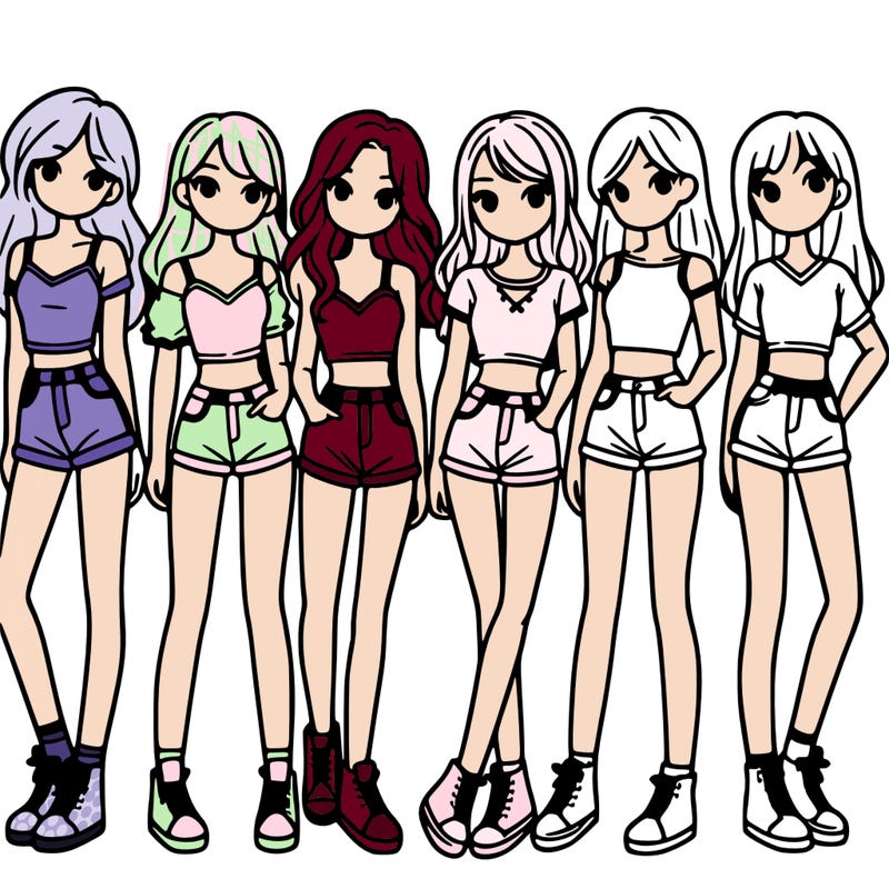 a group of girls wearing crop tops and shorts