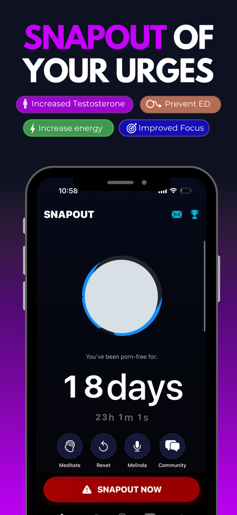 Panel de la aplicación SnapOut que muestra un contador de racha de 18 días con beneficios de enfoque y energía