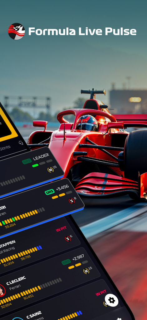 Formula Live Pulse - Formula Live Pulse app showing live F1 race standings and a red racing car
