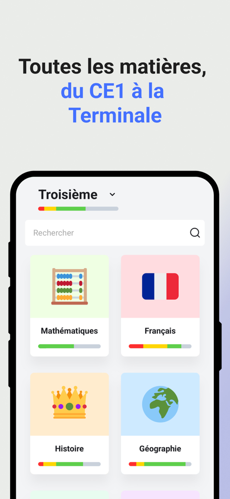 Kartable - Cours et révisions - Smartphone screen displaying school subjects in the Kartable educational app