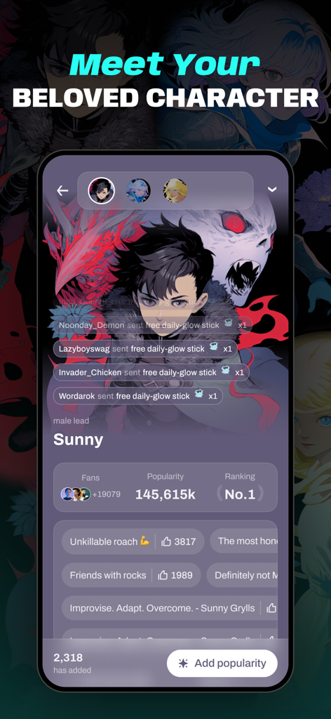 Interface of the WebNovel app displaying character Sunnys popularity ranking and fan interactions